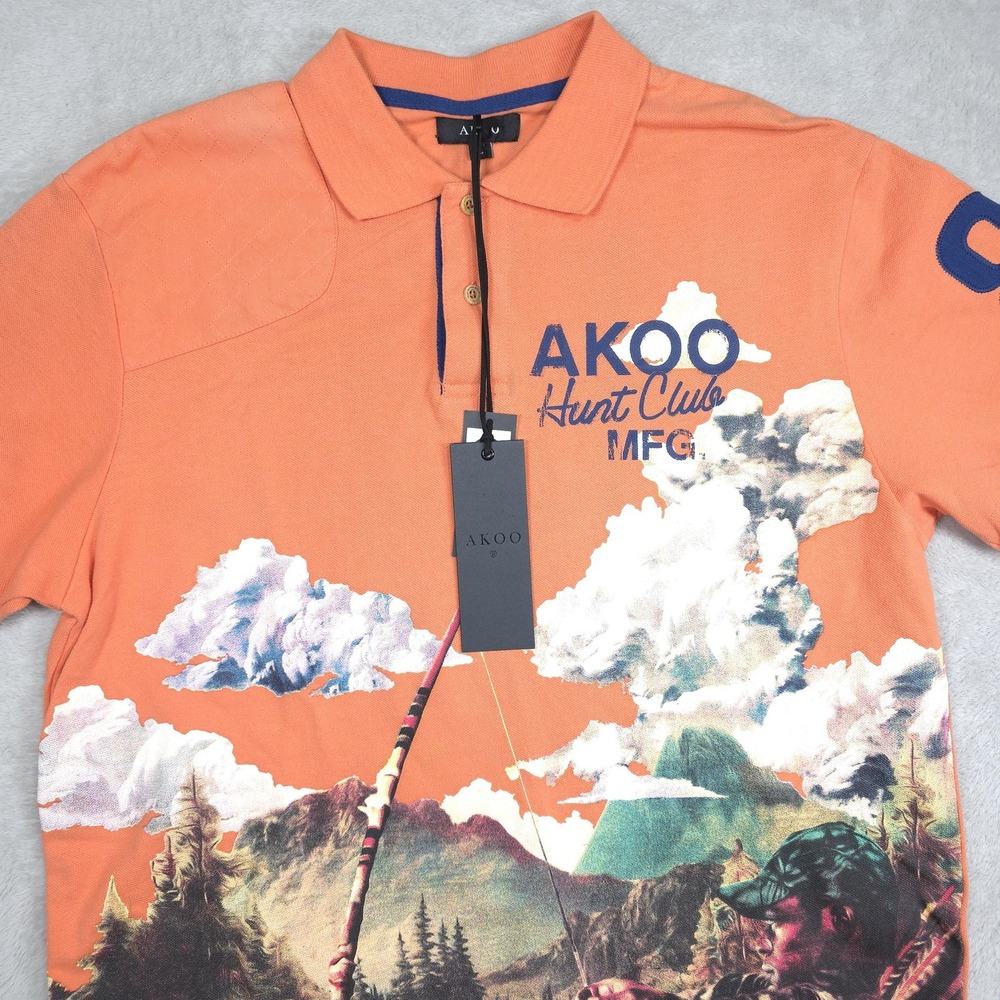 AKOO Polo Shirt Mens Large Orange Arrow SS Hunt Club Graphic Hunting Fishing